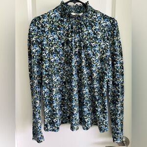 BODEN Connie Jersey High Neck Floral Smocked Top Blue Yellow Size US 10